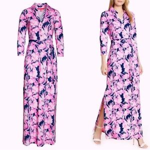 Lilly Pulitzer Holloway Long Sleeve Collared Maxi Dress Inky Navy Flamingle